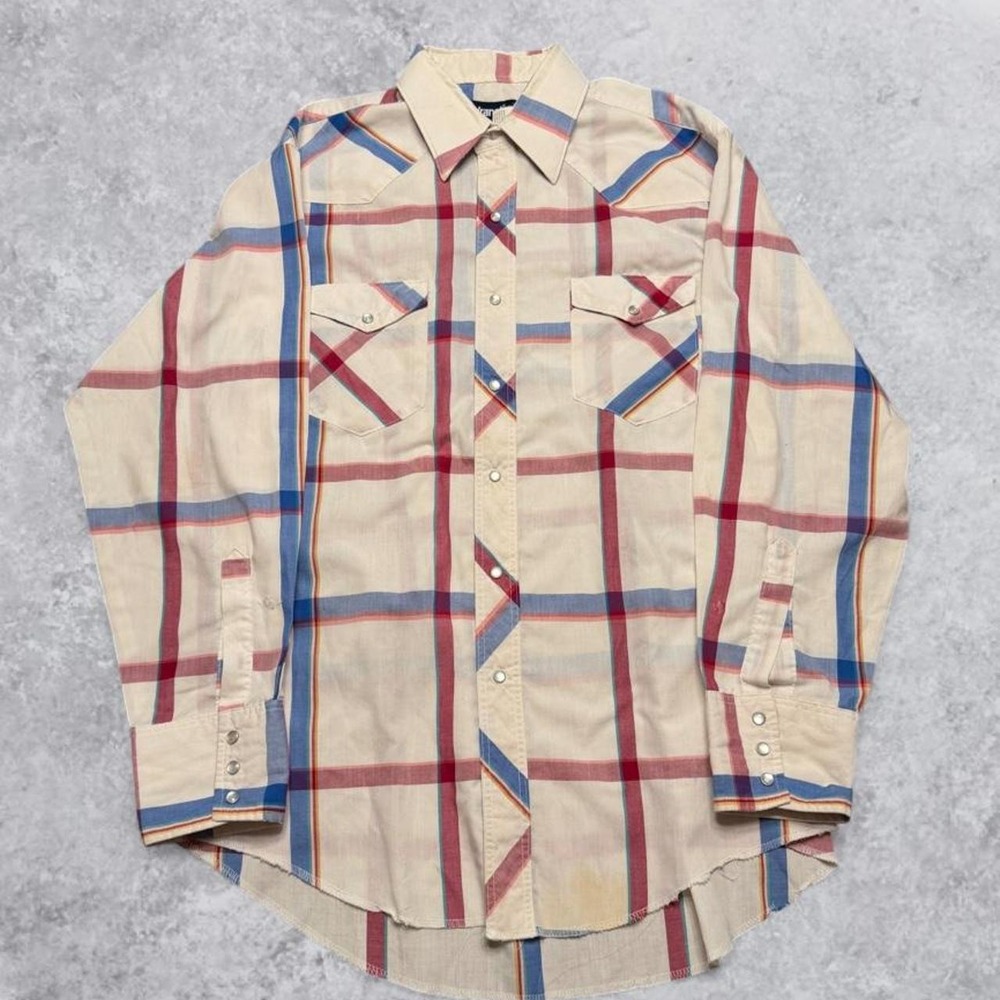 Vintage Wrangler Cowboy Cut Western Pearl Snap Plaid Shirt Mens 16-33 Cream L